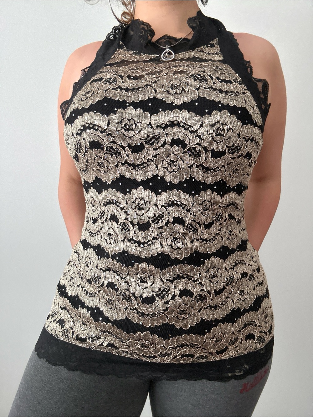 y2k gold sequin lace halter top